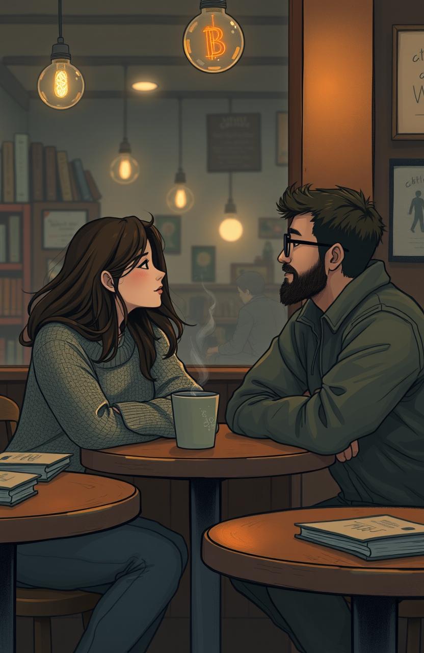 A deep and intimate scene depicting two individuals, Tania and Bara, unknowingly meeting face-to-face for the first time without recognizing each other
