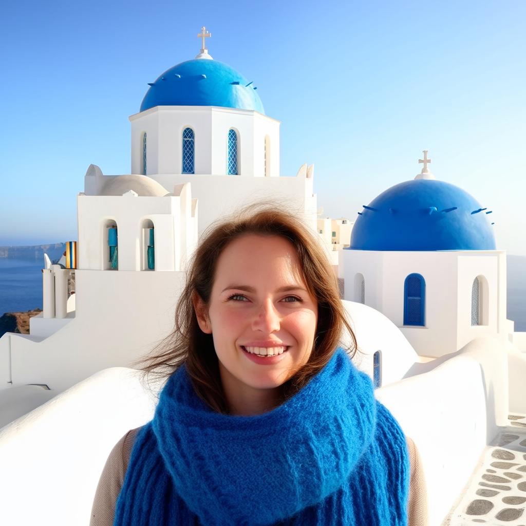 Close-up candid portrait of a joyful young woman with a blue scarf on a vacation, standing in front of the iconic white buildings and blue domed churches of Santorini.