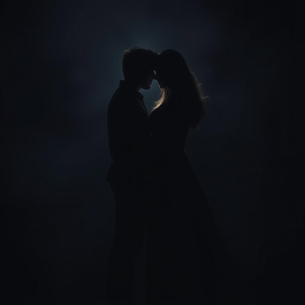 A couple standing close together, their bodies covered in shadows yet radiating a soft, glowing light