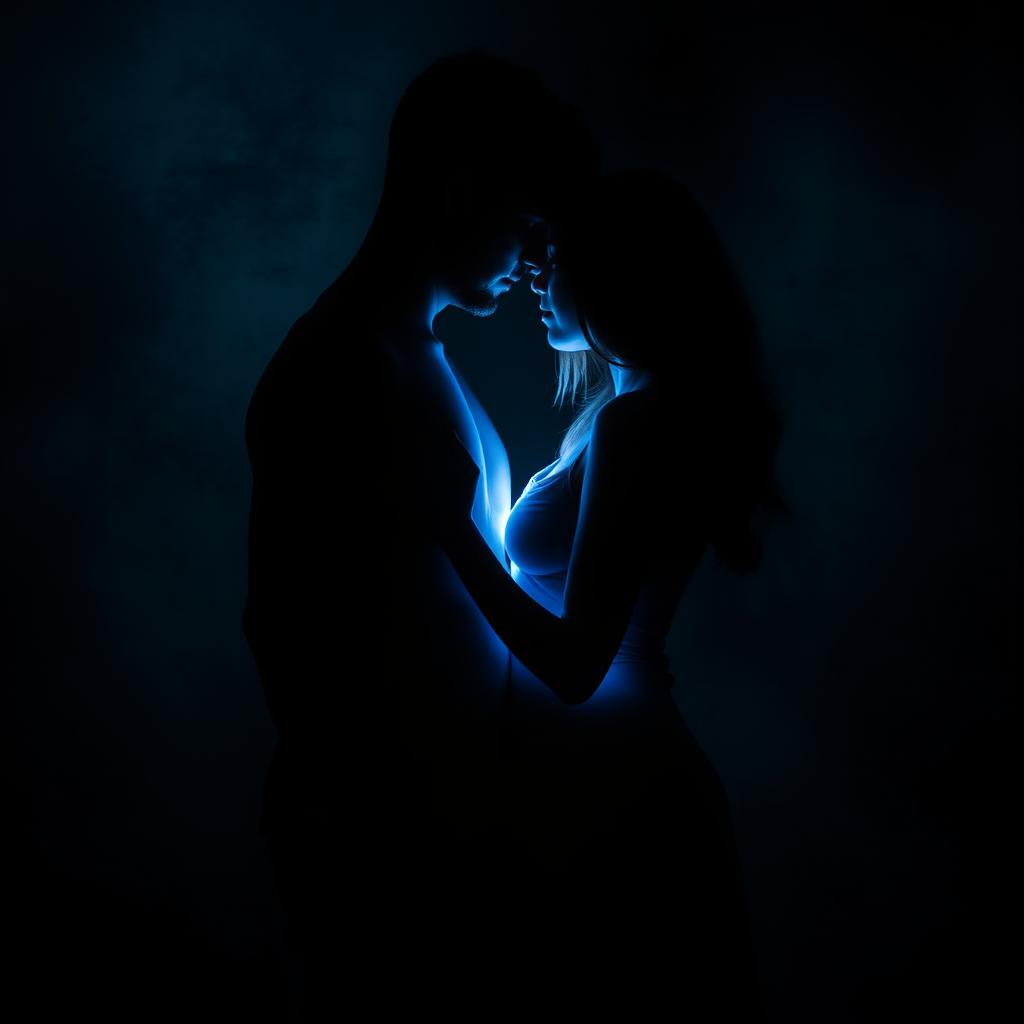 A couple standing closely together, deeply covered in shadows, yet they shine intensely with a brilliant light emanating from their bodies
