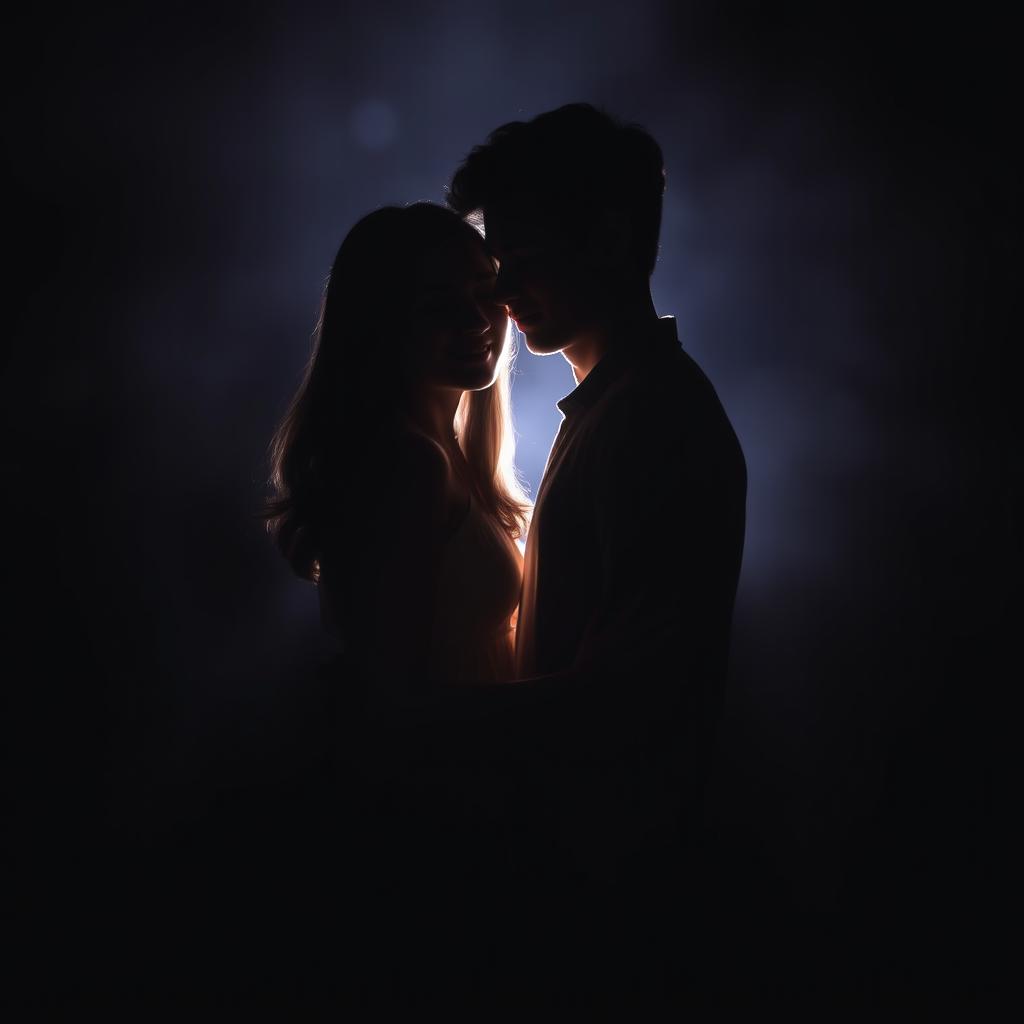 A silhouette of a teenage couple standing closely together, enveloped in darkness, yet they emit a vibrant and intense glow