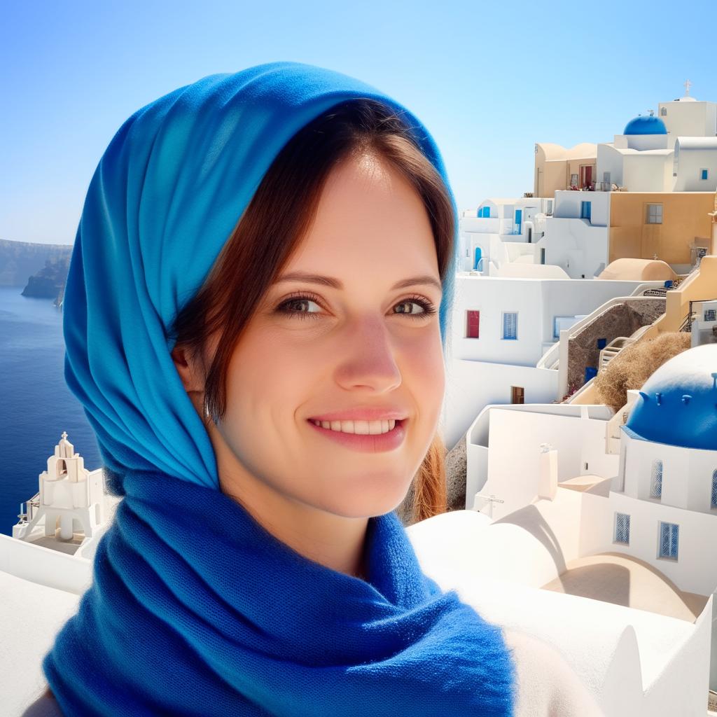 Close-up candid portrait of a joyful young woman with a blue scarf on a vacation, standing in front of the iconic white buildings and blue domed churches of Santorini.