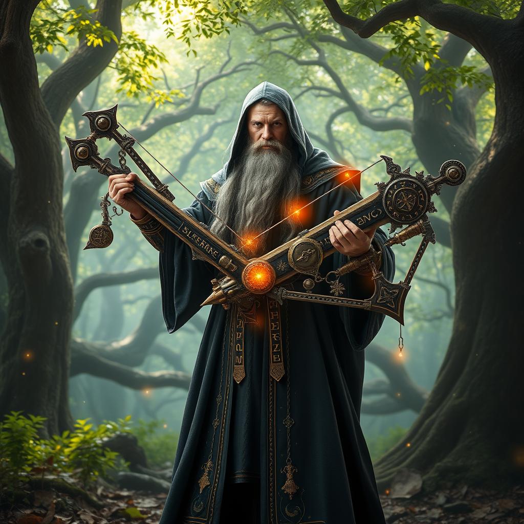 A powerful wizard standing confidently in a mystical forest, wielding an ornate crossbow intricately designed with magical symbols and glowing runes