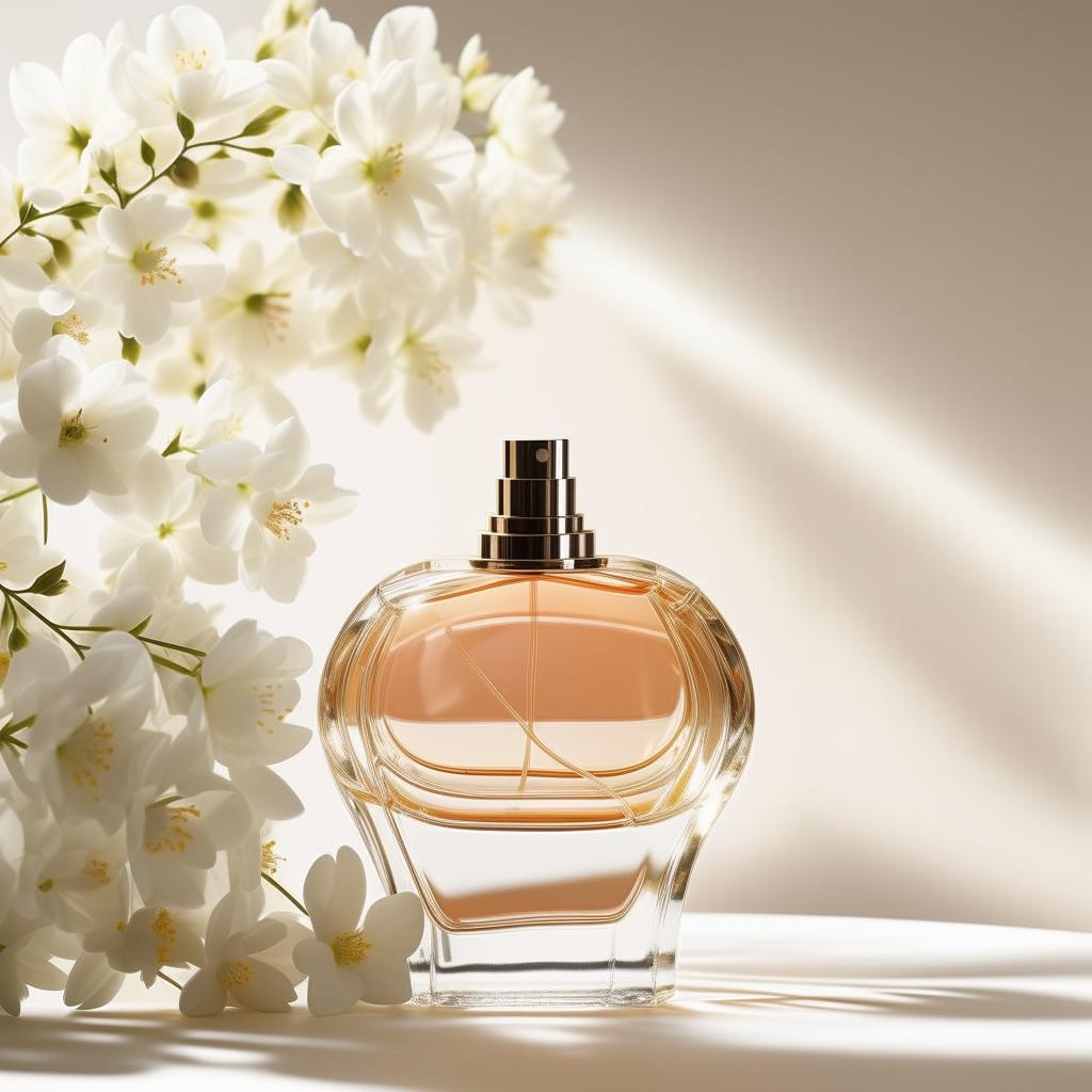 Minimalistic product photography of a perfume bottle set against a clean backdrop, surrounded by fragrant white flowers bathed in soft, natural light.