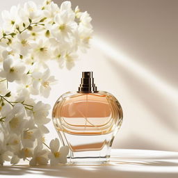 Minimalistic product photography of a perfume bottle set against a clean backdrop, surrounded by fragrant white flowers bathed in soft, natural light.