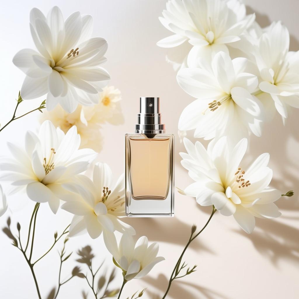 Minimalistic product photography of a perfume bottle set against a clean backdrop, surrounded by fragrant white flowers bathed in soft, natural light.