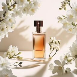 Minimalistic product photography of a perfume bottle set against a clean backdrop, surrounded by fragrant white flowers bathed in soft, natural light.