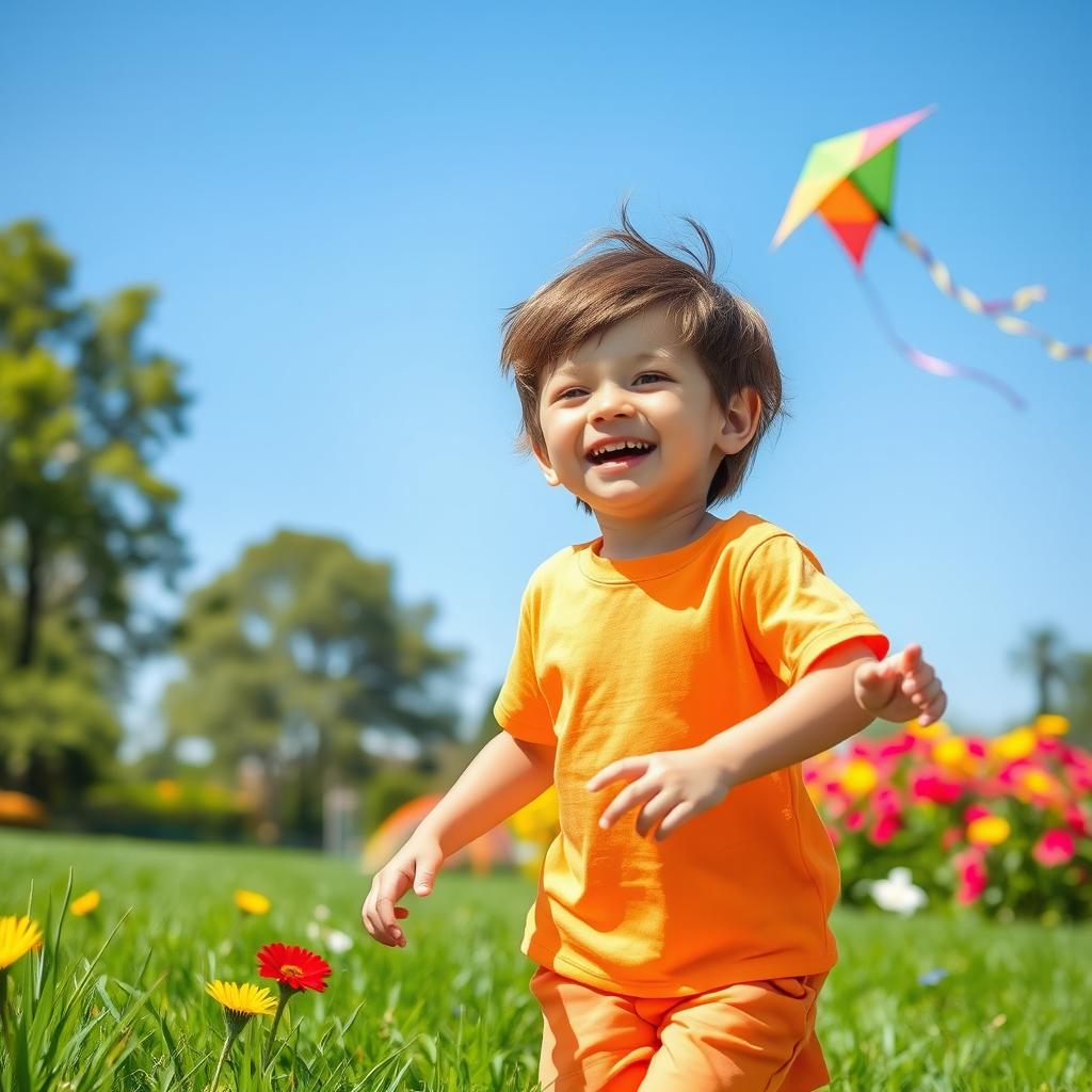 A cheerful young boy playing in a sunny park, surrounded by lush green grass and colorful flowers