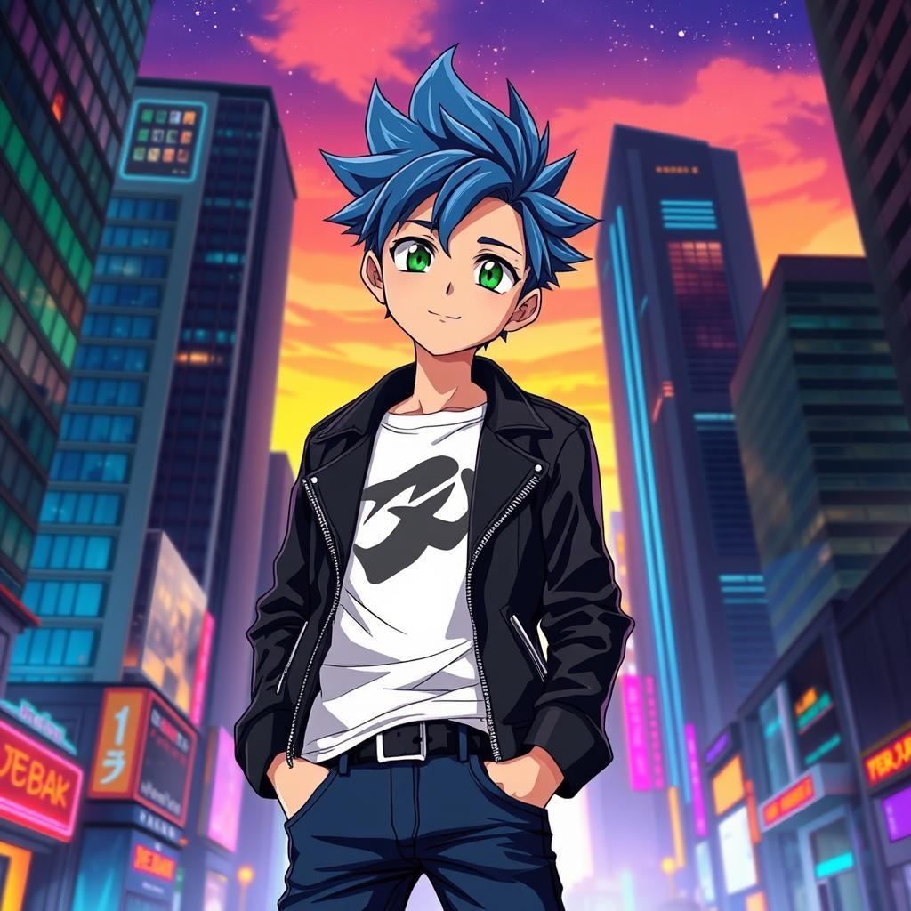 A stylish anime boy standing confidently in a futuristic cityscape during twilight