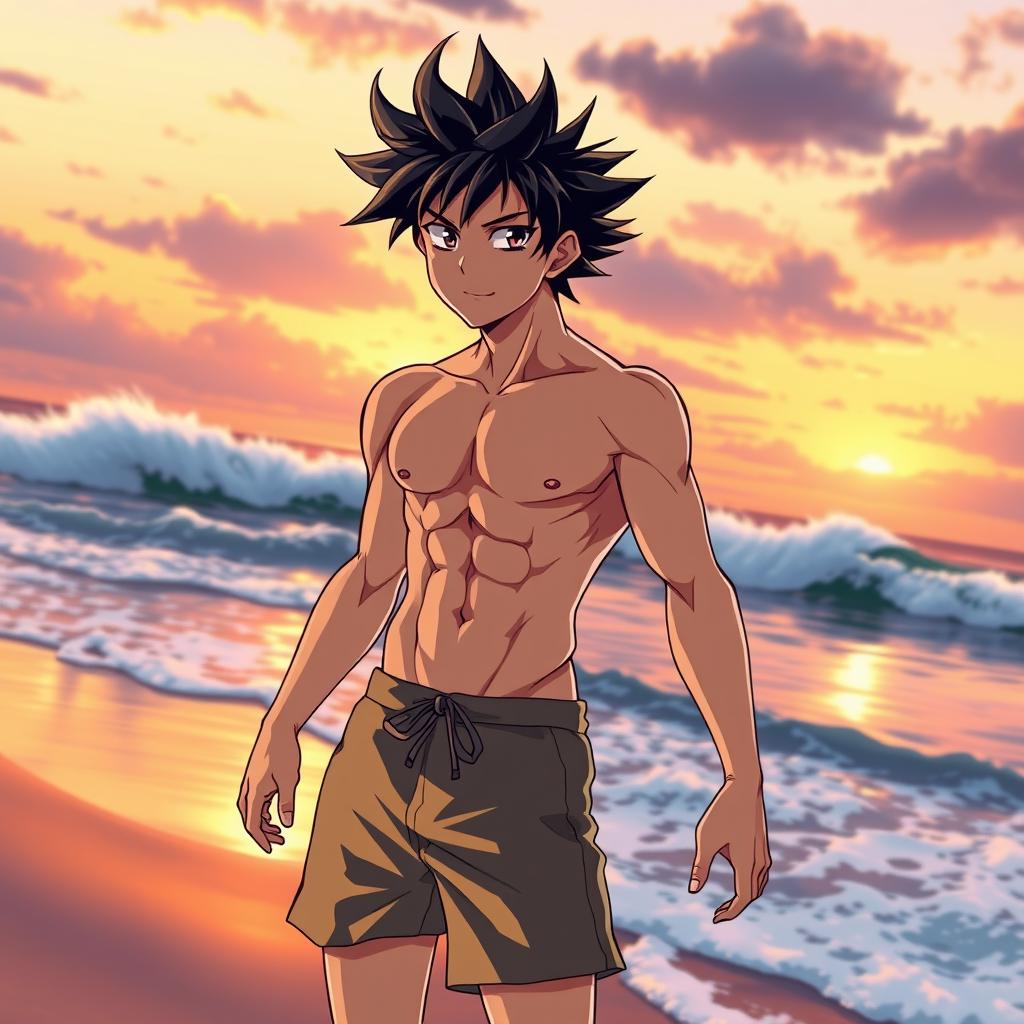 A dynamic and athletic anime boy standing on a beach at sunset, with the wind blowing through his spiky black hair