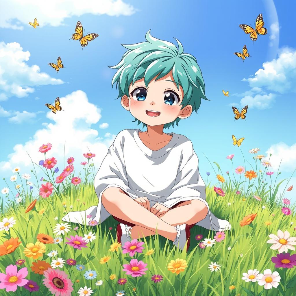 A whimsical anime boy sitting on a grassy hill, surrounded by colorful wildflowers under a bright blue sky