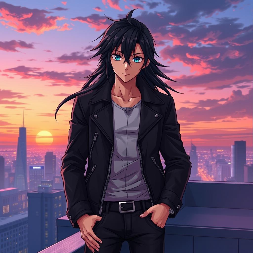 A striking anime man standing confidently on a city rooftop at sunset, overlooking the skyline
