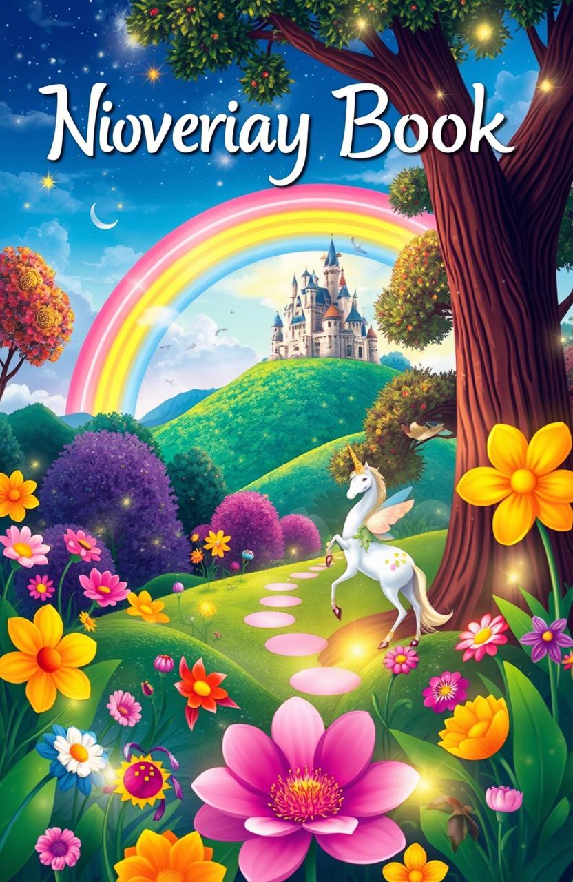 A vibrant book cover illustration depicting a whimsical fantasy atmosphere with lush, colorful landscapes
