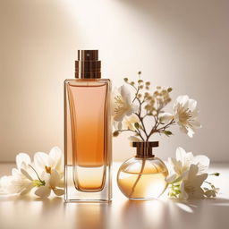 Minimalistic product photography of a perfume bottle set against a clean backdrop, surrounded by fragrant white flowers bathed in soft, natural light.