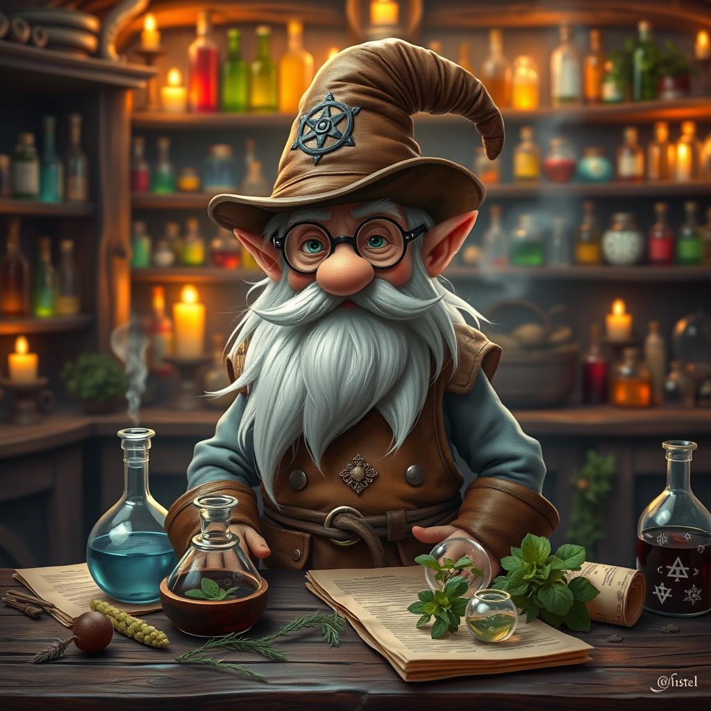 A whimsical gnome artificer specializing in alchemy, dressed in a detailed leather apron filled with various vials and potions