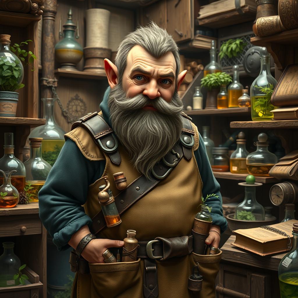 A realistic gnome artificer specializing in alchemy, depicted with meticulous detail