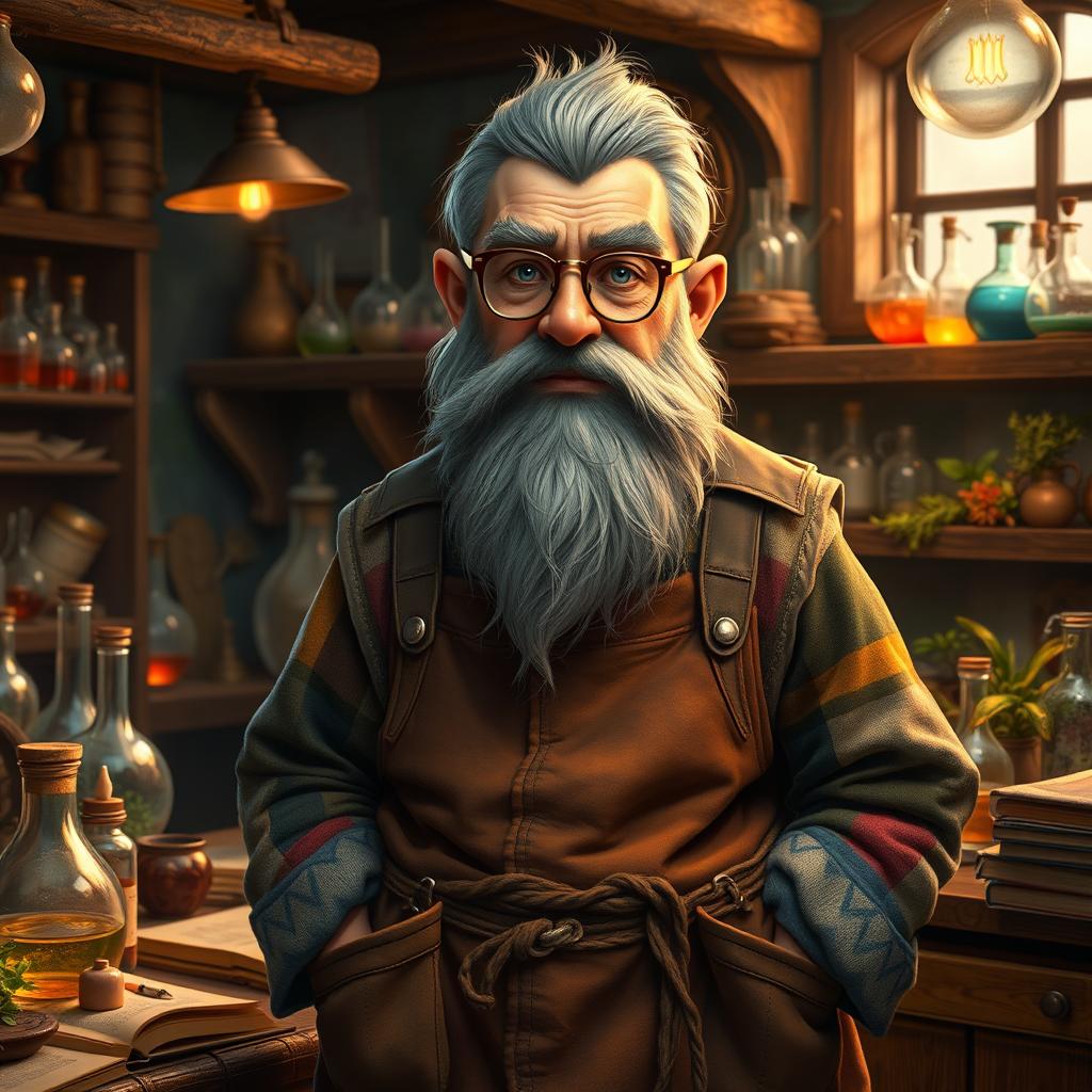 A realistic 42-year-old gnome artificer specializing in alchemy, depicted with intricacy and detail