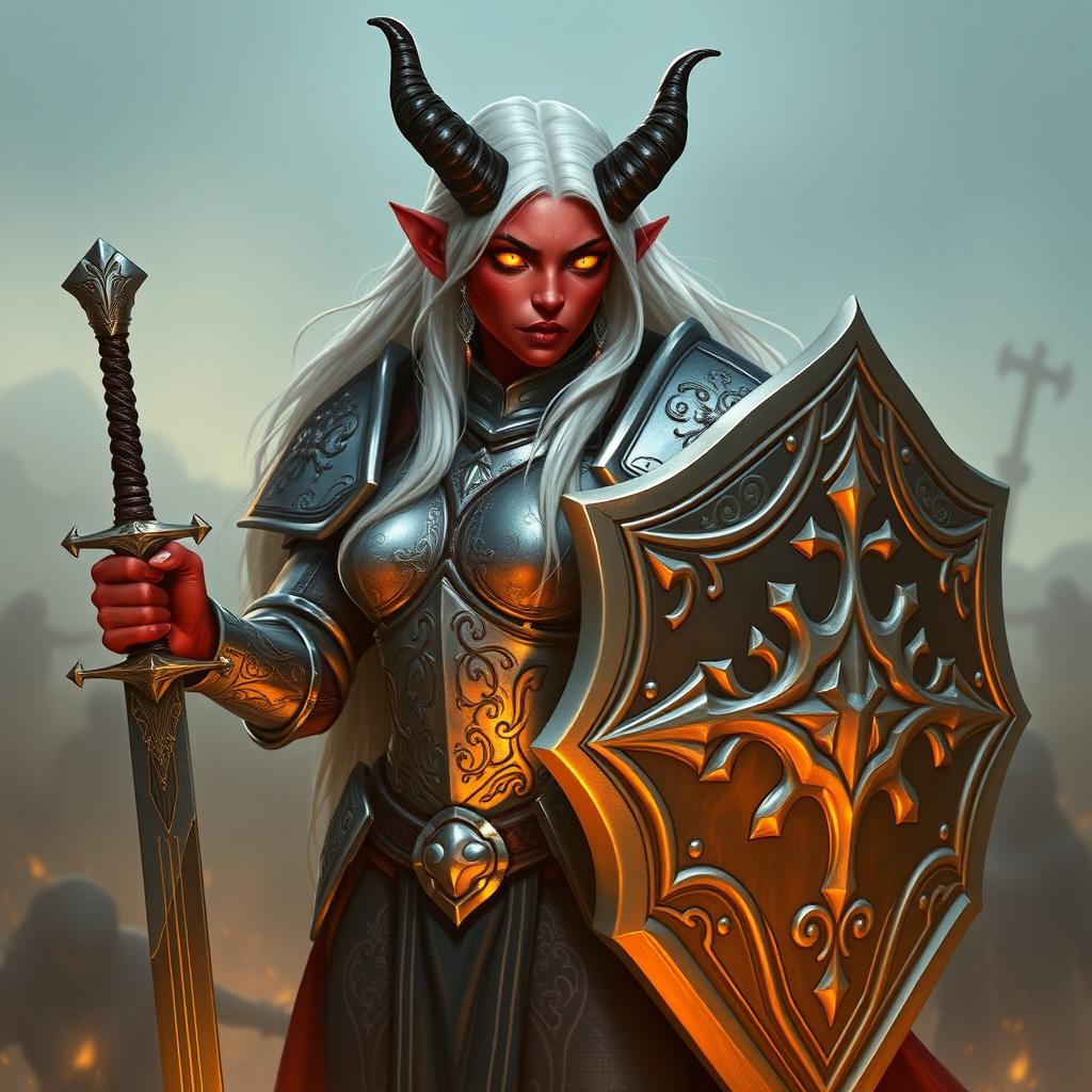 A tiefling paladin of redemption, depicted with a strong and noble demeanor