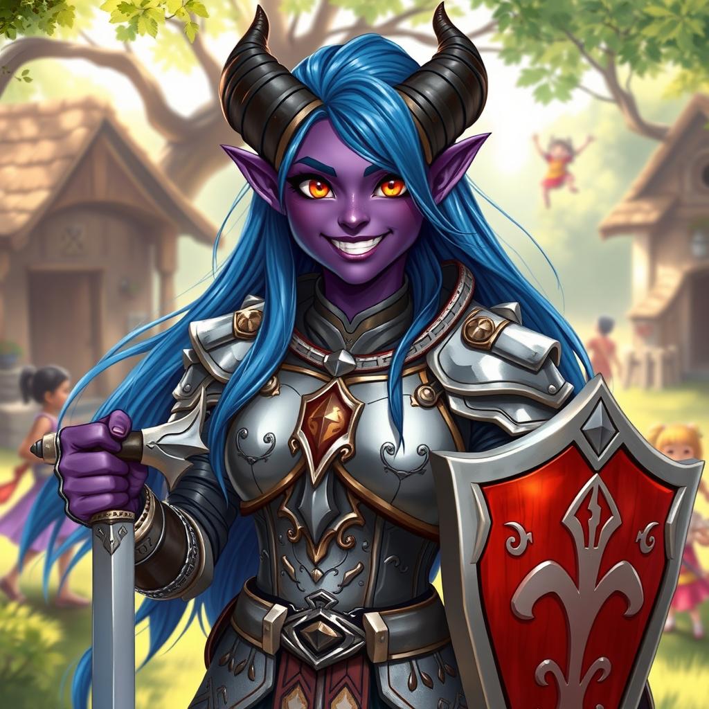 A friendly tiefling paladin of redemption, radiating warmth and approachability