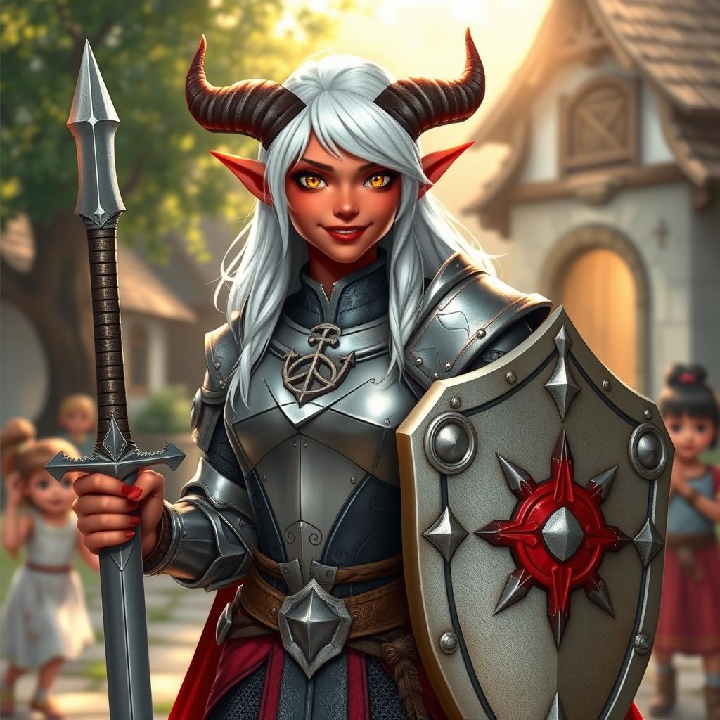 A friendly tiefling paladin of redemption, characterized by red skin and striking white hair