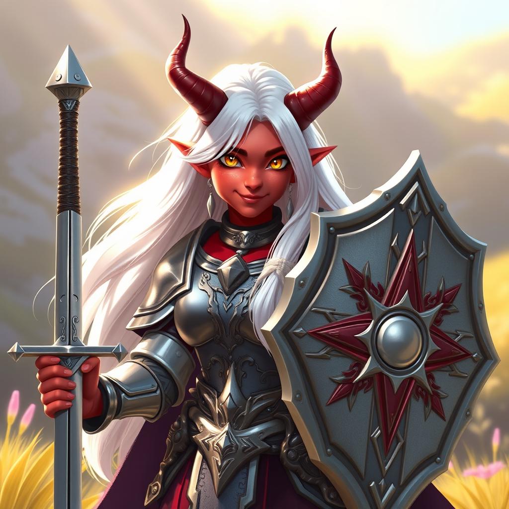 A friendly tiefling paladin of redemption, featuring vibrant red skin and long, flowing white hair that shines in the light