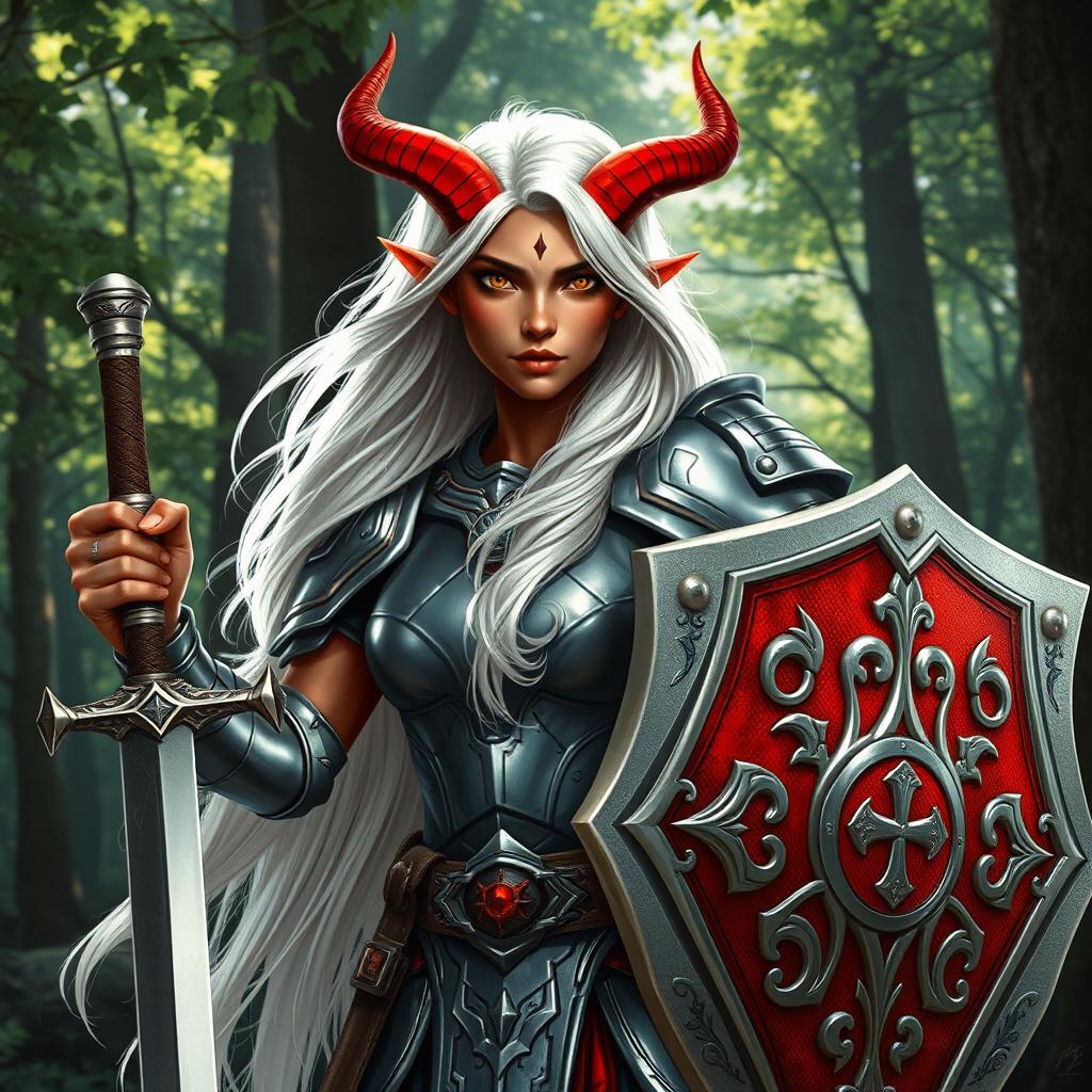 A realistic depiction of a friendly tiefling paladin of redemption, featuring vibrant red skin and stunning long white hair that flows elegantly