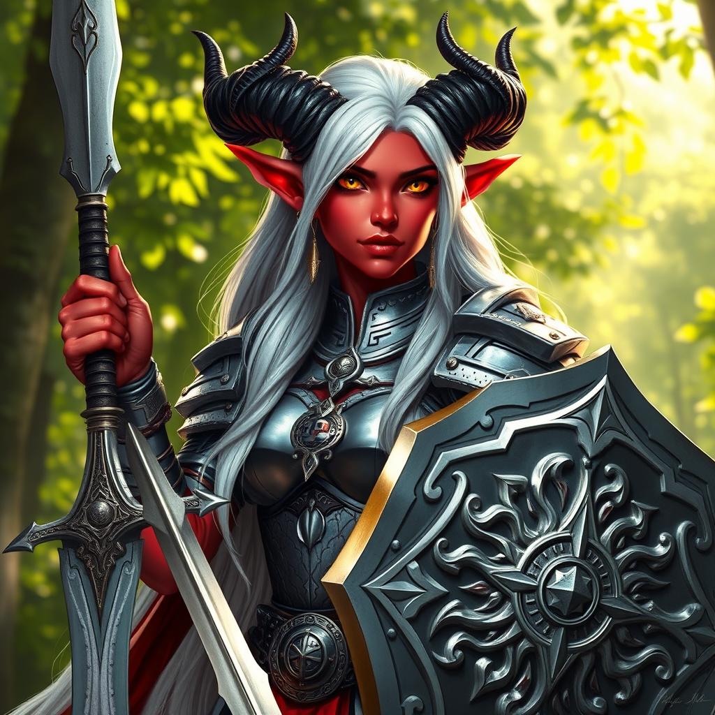 A realistic depiction of a friendly tiefling paladin of redemption, featuring vibrant red skin and long, flowing white hair