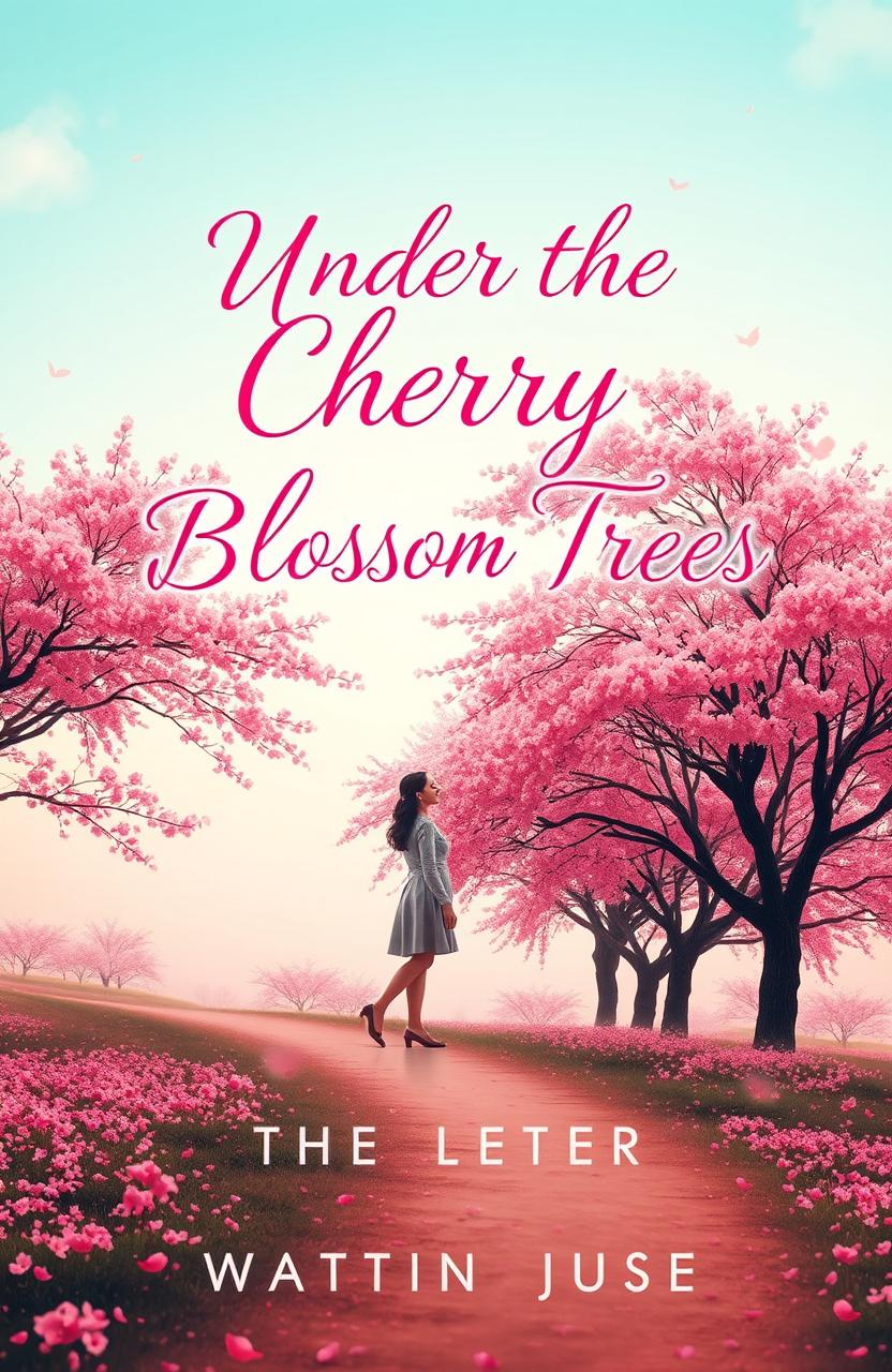 A romantic and enchanting Wattpad cover design featuring a serene landscape with vibrant cherry blossom trees in full bloom