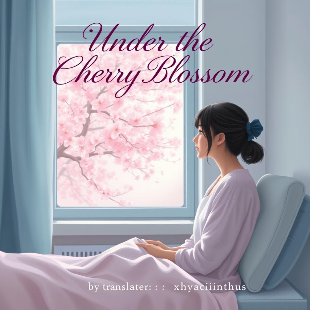 A captivating Wattpad cover design titled 'Under the Cherry Blossom Trees', featuring a young woman sitting in a hospital room, gazing out the window