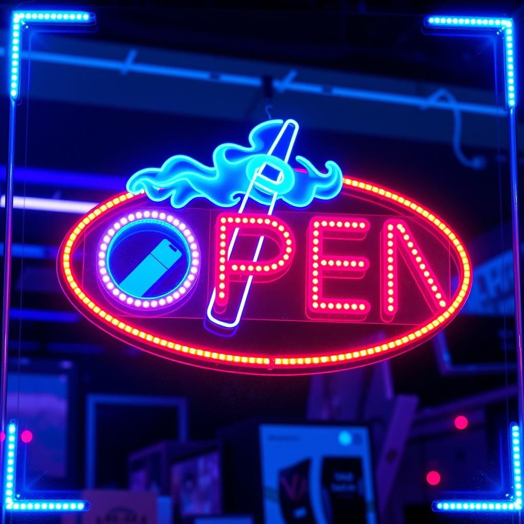 An eye-catching open sign for a modern vape shop, featuring bold and colorful lettering that says 'OPEN'