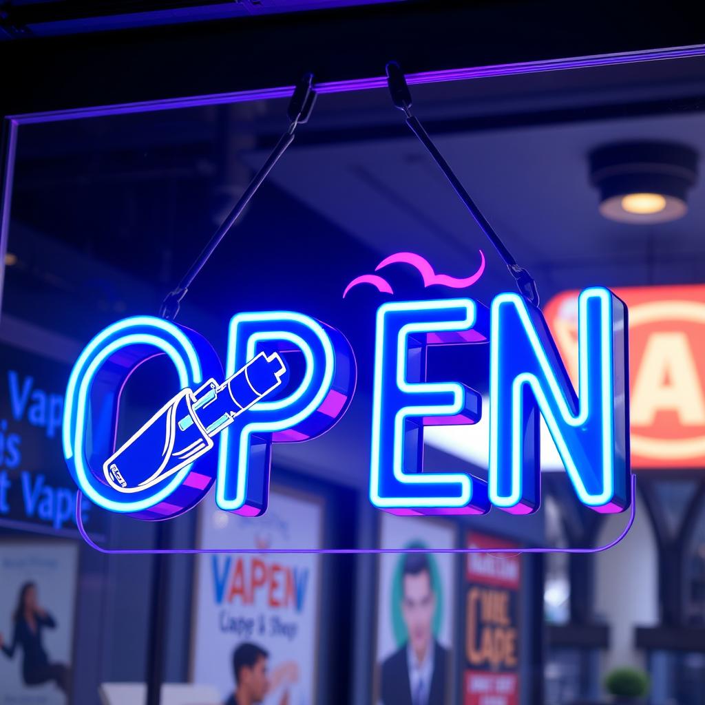 A vibrant and eye-catching open sign for a contemporary vape shop, prominently displaying the word 'OPEN' in bold, stylish letters