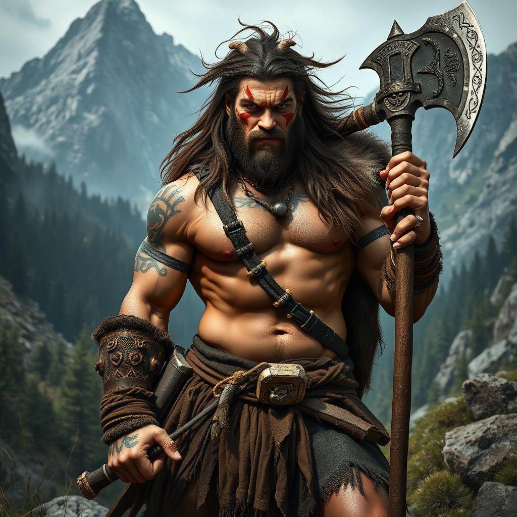 A fierce and wild human beast barbarian, standing strong and proud in a rugged landscape