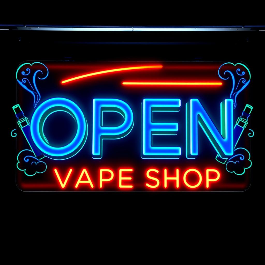 A bold and striking open sign for a vape shop, showcasing the word 'OPEN' in large, dynamic letters