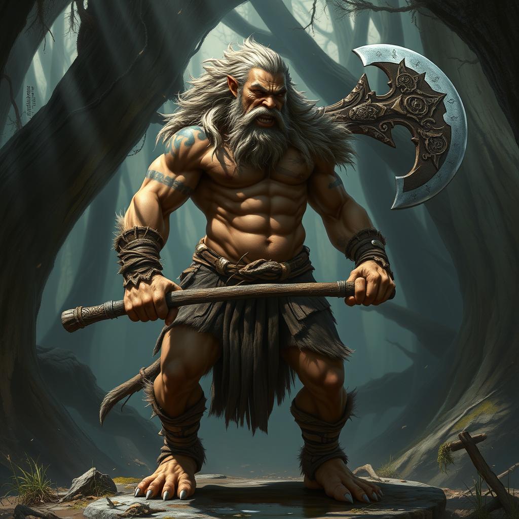 A realistic depiction of a fierce human barbarian, transforming into a half-beast creature