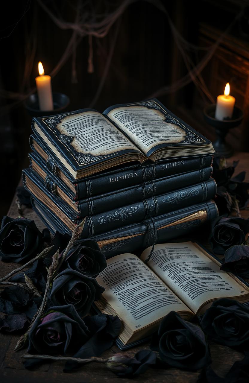 A beautifully dark and eerie arrangement of gothic books stacked on an old, wooden table