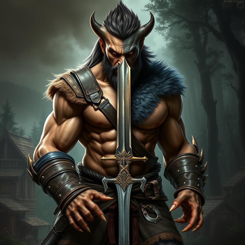 A realistic depiction of a civilized yet fierce human barbarian, transformed into a half-beast creature