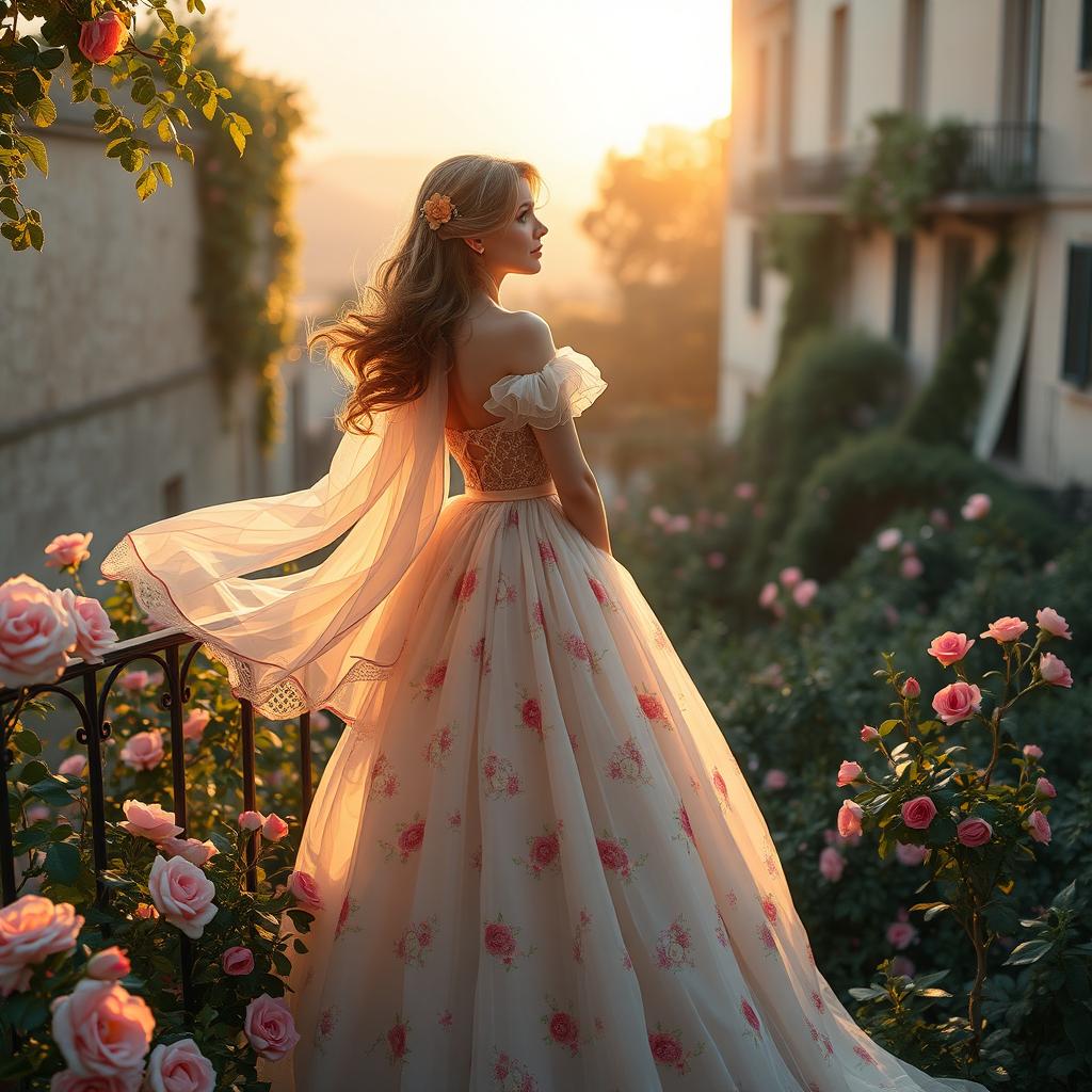 A whimsical and enchanting scene featuring a character inspired by Juliet, dressed in a flowing, ethereal gown adorned with delicate floral patterns
