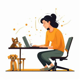 Simple flat vector illustration of a woman sitting at a desk working on her laptop, with a playful puppy at her side, isolated on a white background.