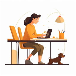 Simple flat vector illustration of a woman sitting at a desk working on her laptop, with a playful puppy at her side, isolated on a white background.