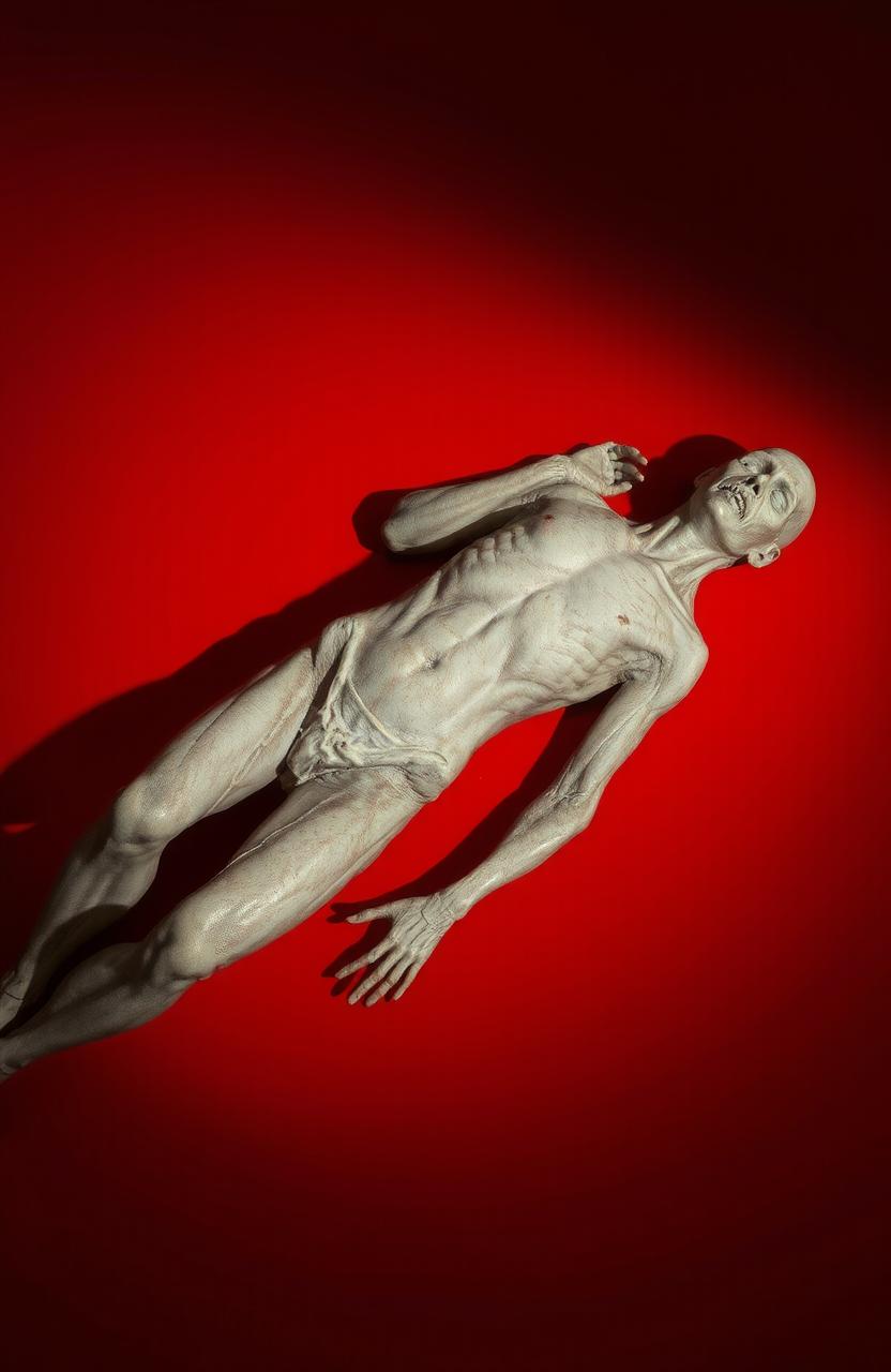 A striking image featuring a realistic and haunting depiction of a corpse lying in the center of the composition