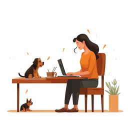 Simple flat vector illustration of a woman sitting at a desk working on her laptop, with a playful puppy at her side, isolated on a white background.