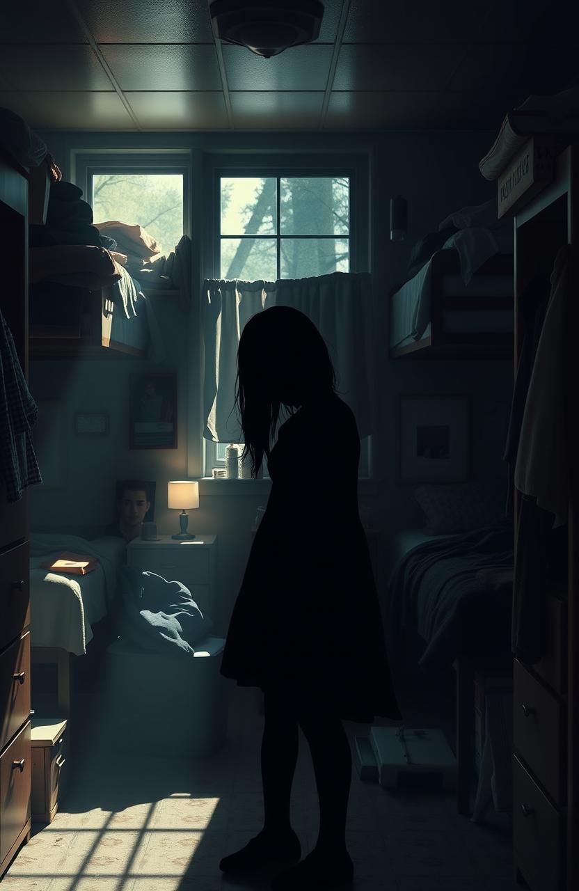 A mysterious scene set in a boys' dormitory, showcasing a solitary girl amidst a group of boys, emphasizing her struggle and the budding romance surrounding her