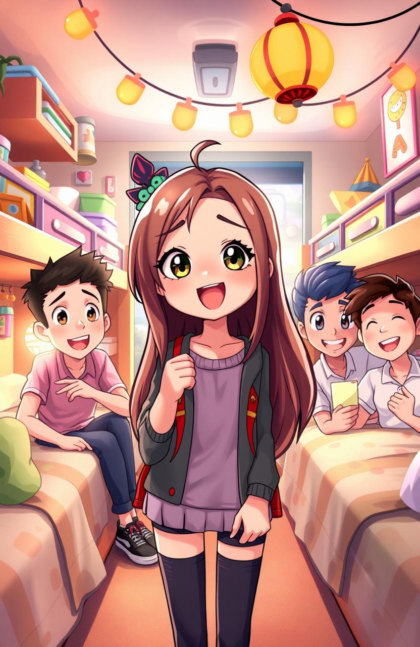 A vibrant and colorful animated scene depicting a girl living in a boys dormitory, showcasing her charming personality and unique style