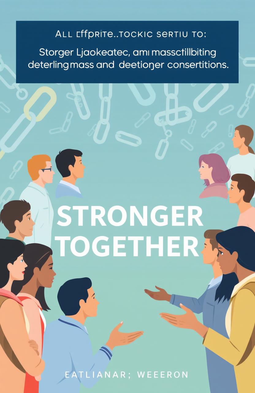 A visually appealing graphic design that conveys the theme of 'Stronger Together: Mastering Communication, Resolving Conflict, and Deepening Connections'