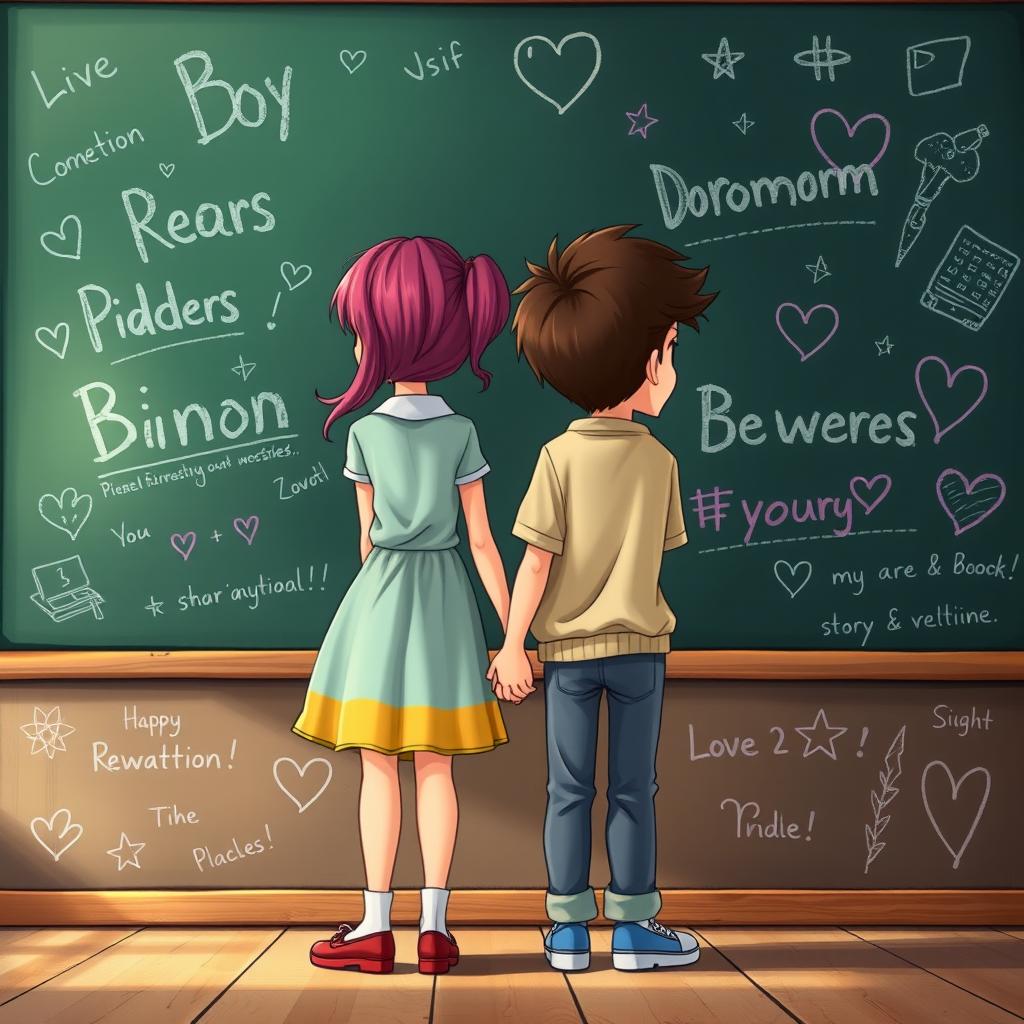 A colorful animated book cover featuring a girl and a boy standing back-to-back, holding hands, their faces turned away from the viewer to create a sense of mystery