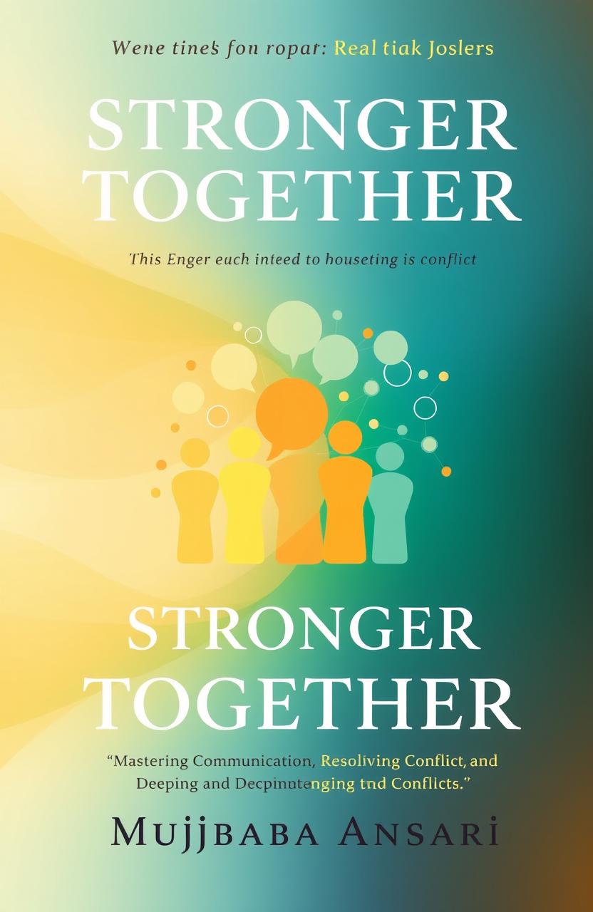 A visually inspiring book cover design for 'Stronger Together: Mastering Communication, Resolving Conflict, and Deepening Connections' by Mujtaba Ansari