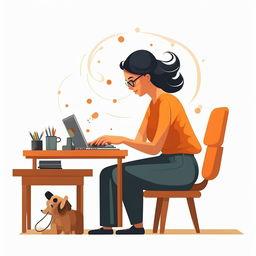 Simple flat vector illustration of a woman sitting at a desk working on her laptop, with a playful puppy at her side, isolated on a white background.