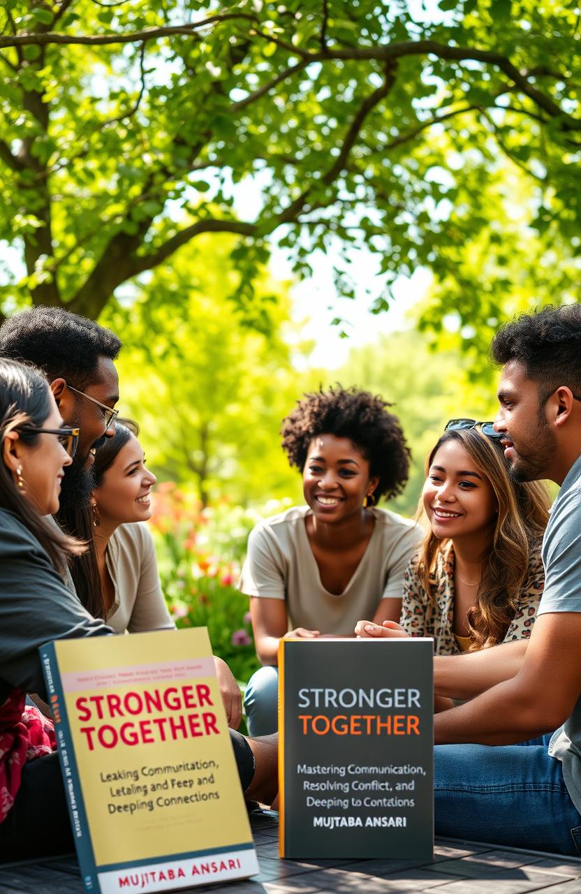 A serene group of diverse individuals engaged in a deep and meaningful discussion, sitting in a peaceful outdoor setting surrounded by nature, vibrant green trees, and blooming flowers