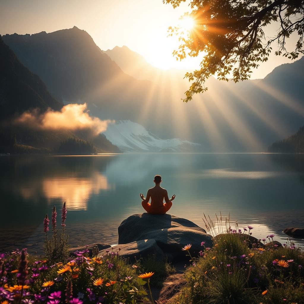 A serene and peaceful landscape depicting a spiritual scene with a golden sunrise casting warm light over a calm lake surrounded by majestic mountains