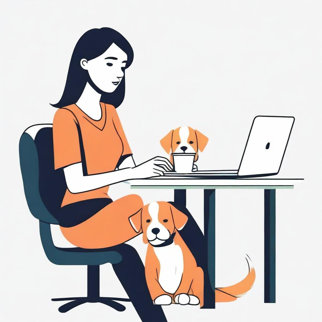 Simple flat vector illustration of a woman sitting at a desk, engrossed in her laptop with a cute puppy by her side, isolated on a white background.